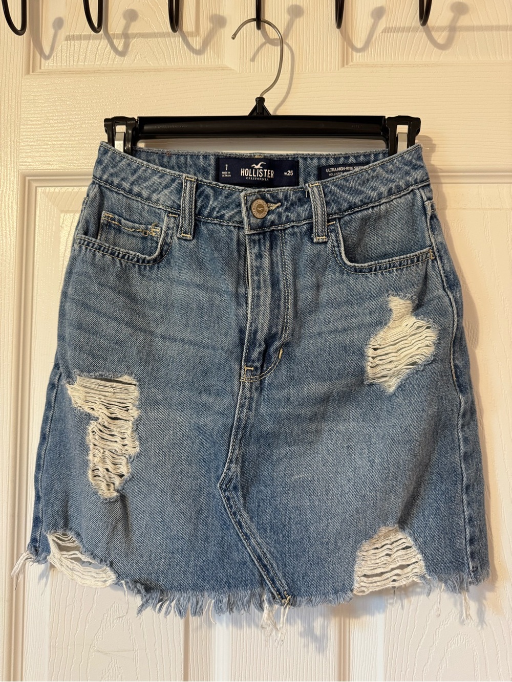 Hollister Light Blue Distressed Denim Raw Hem Mini Skirt